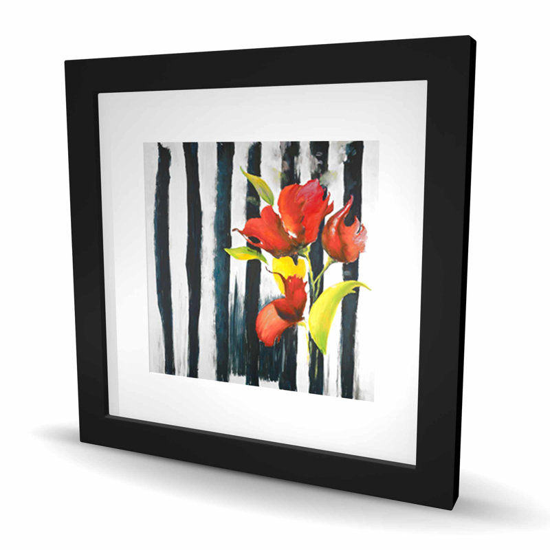 Fleurs sur rayures noires et blanches | Impression encadrée noire, Noir, H 16 po x l 16 po