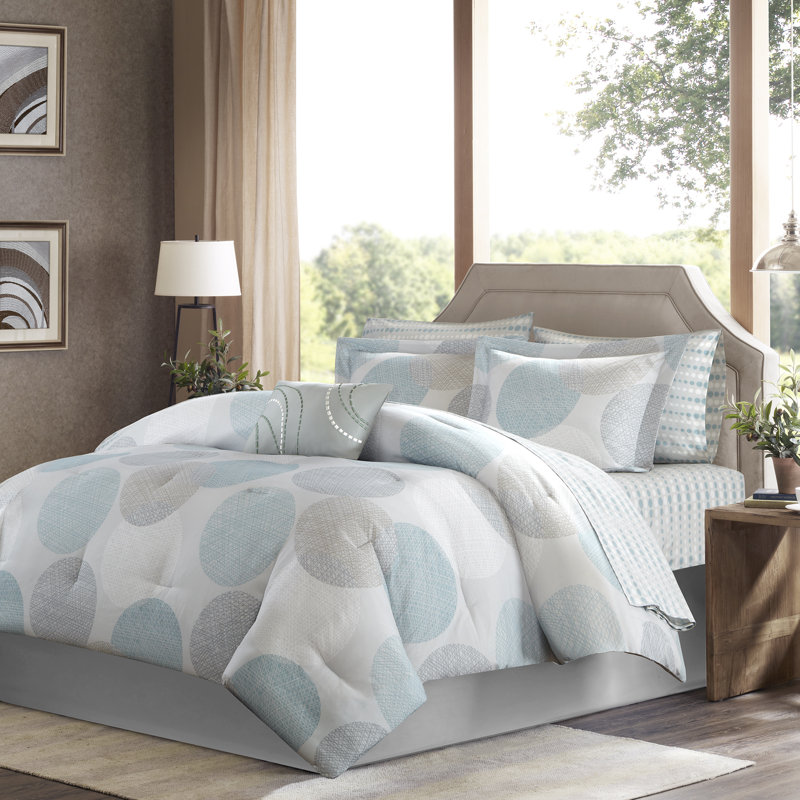 Ensemble d'édredon en coton avec draps Knowles, Grand édredon et 8 pièces supplémentaires, Aqua / Gris