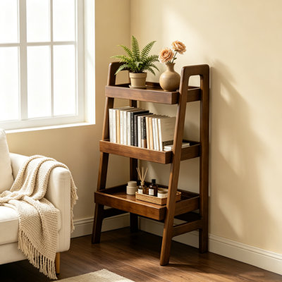 Solid Wood Ladder Shelf, 3 Tier Freestanding Bookshelf with Open Storage Shelves, Rustic Wooden Display Rack for Living Room, Bedroom, Home Office & Study