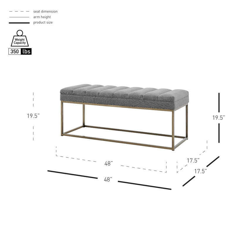 Light Gray Polyester Upholstered Bench with Brushed Gold Steel Base