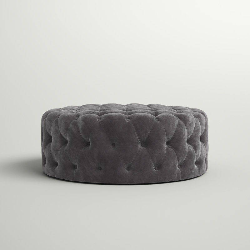 Willa 42" W Tufted Round Cocktail Ottoman, Heathered Dark Grey Linen, Linen