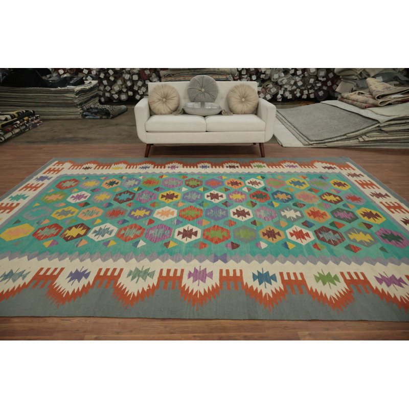 Tapis vibrant tissé à la main kilim 9 x 12 avec motifs géométriques