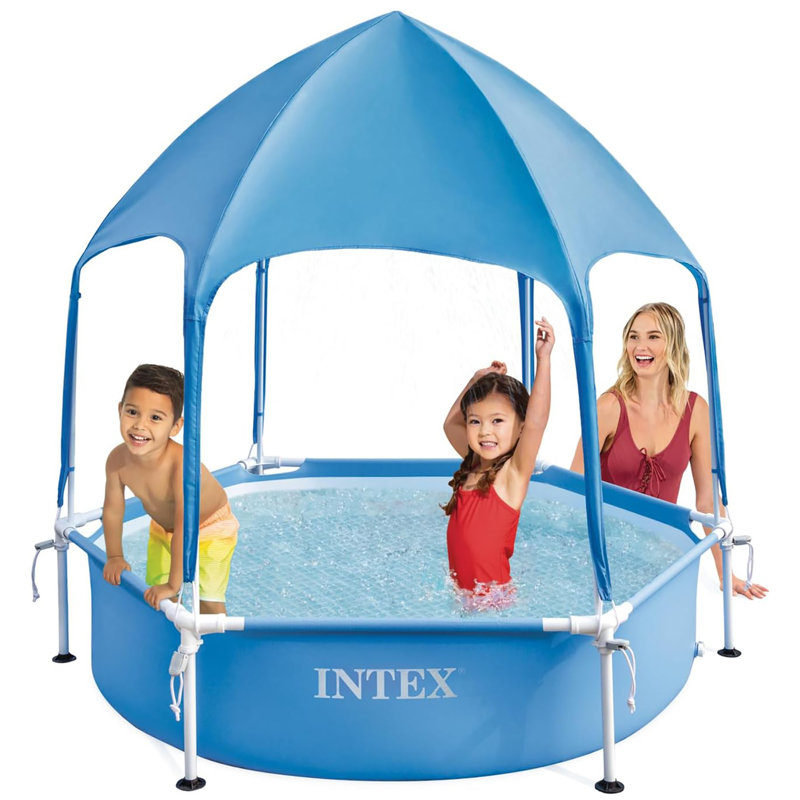 Intex: Canopy Metal Frame Splash Pool - 6' x 15" - UPF 50+ Sunshade Cover, Built-In Water Sprayer, Puncture-Resistant, Wade Kiddie Pool, Kids 3+