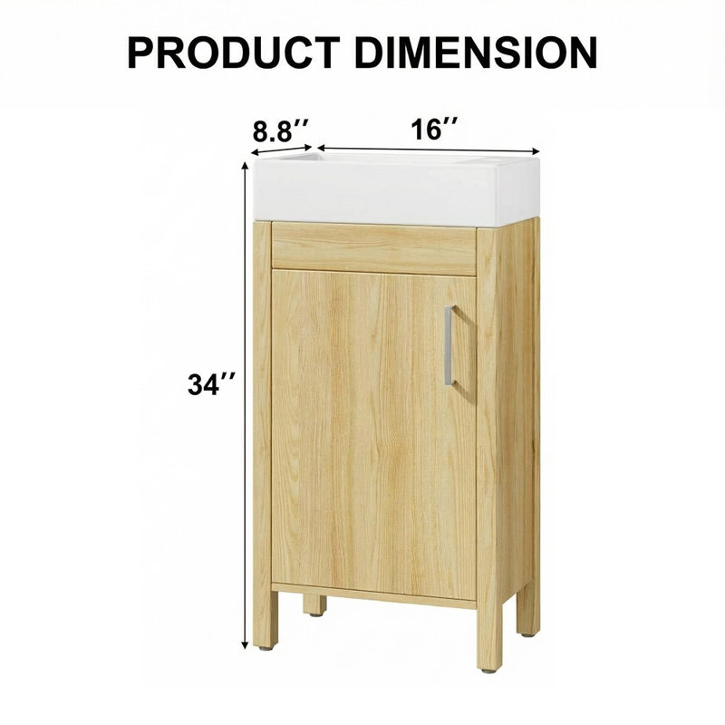 16" Freestanding Bathroom Vanity with Sink, Modern Wooden Vanity Cabinet with Soft-Close Door, Metal Handle and Storage for Small Bathrooms