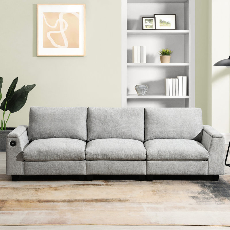 Canapé modulaire multifonctionnel en chenille avec porte-gobelets, rangement pour accoudoirs, bureau rabattable et haut-parleur