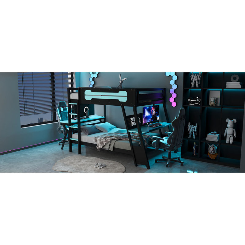 Lits de jeu en bois multifonctionnels avec rangement et ports USB, conception moderne bleu nuage