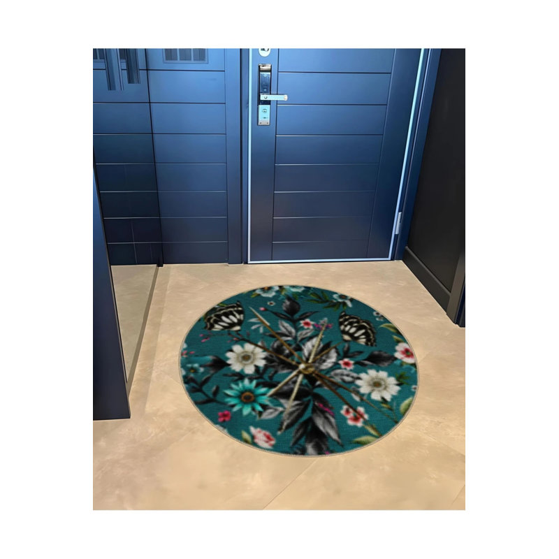 Petrol Green Floral Flower Patterned Round Woven Base Modern Decorative Carpet, Round 3'4"