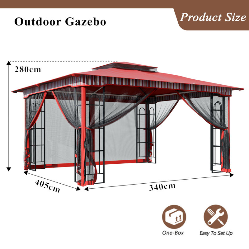 Pavillon de jardin extérieur en acier l 13 pi x P 11 pi avec double toit ventilé et filet complet, Red