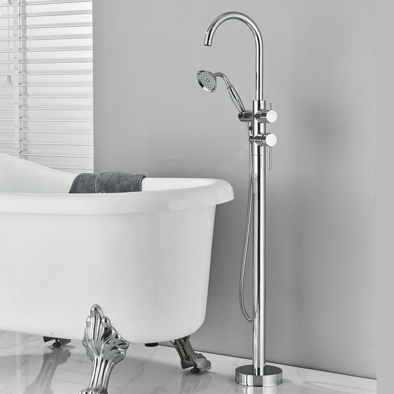 Robinet de baignoire sur pied pour salle de bain avec douchette, Chrome