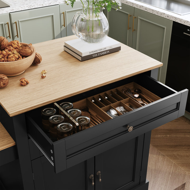 78.74''Solid Wood Kitchen Island with Extendable Dining Table and Storage, Mobile Kitchen Cart with Lockable Wheels, Black