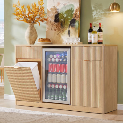 59" Coffee Bar Cabinet with Fridge Space & Tilt-Out Trash Cabinet, Mini Fridge Wine Cabinet with Storage/Charging Station, Fluted Buffet Sideboard with Glass Holder for Dining Room