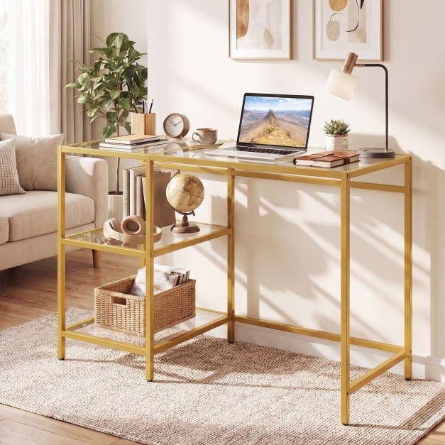 Tempered Glass Iron Computer Desk, Clear/Gold