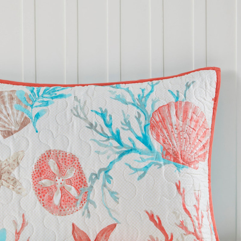 Courtepointe très grand / très grand Coral - 6 pièces en coton avec des coquillages imprimés, des étoiles de mer et des coraux pour une ambiance chaleureuse dans une chambre romantique