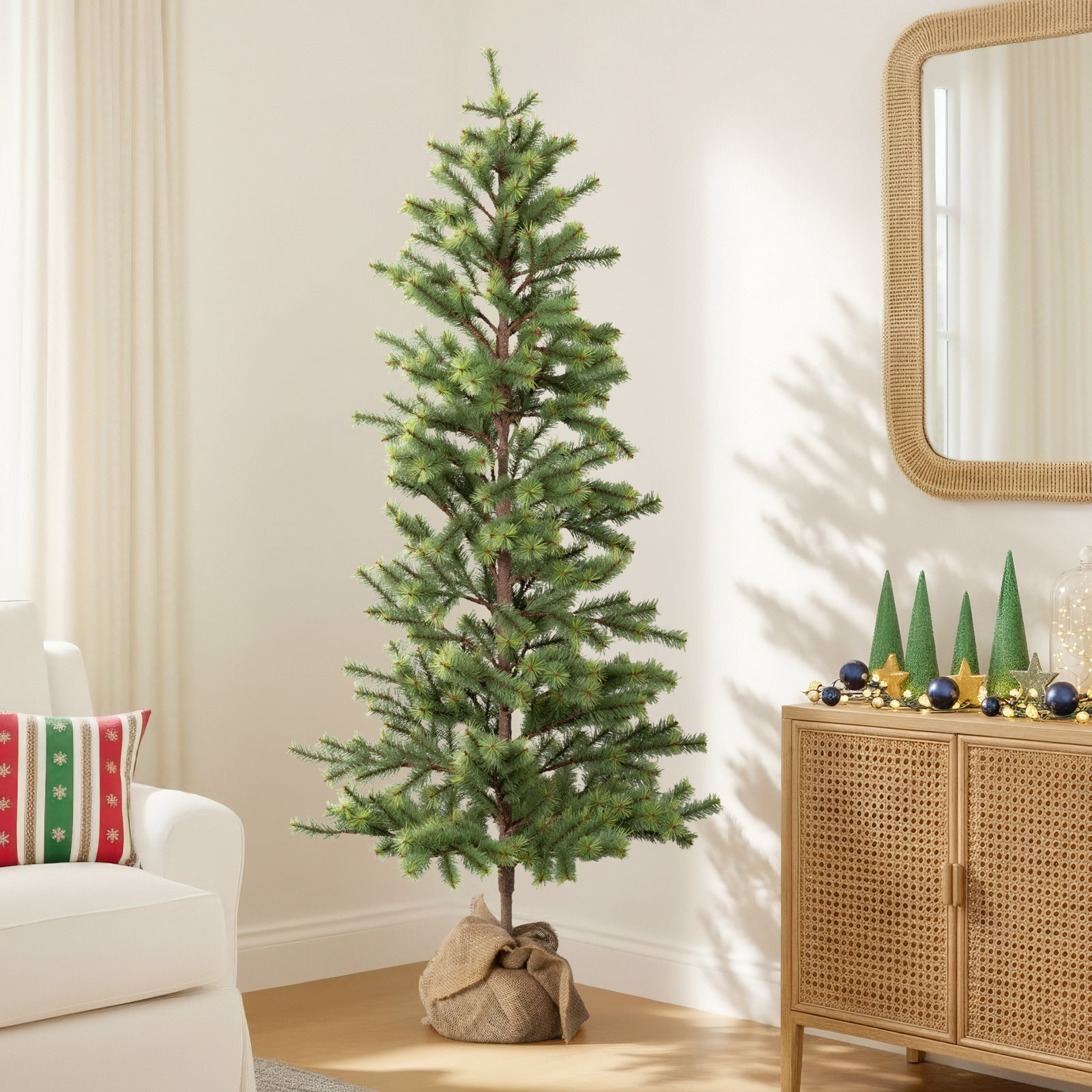 Shultz Faux Pine Tree in Wicker/Rattan Pot, 60" H x 25" W x 25" D