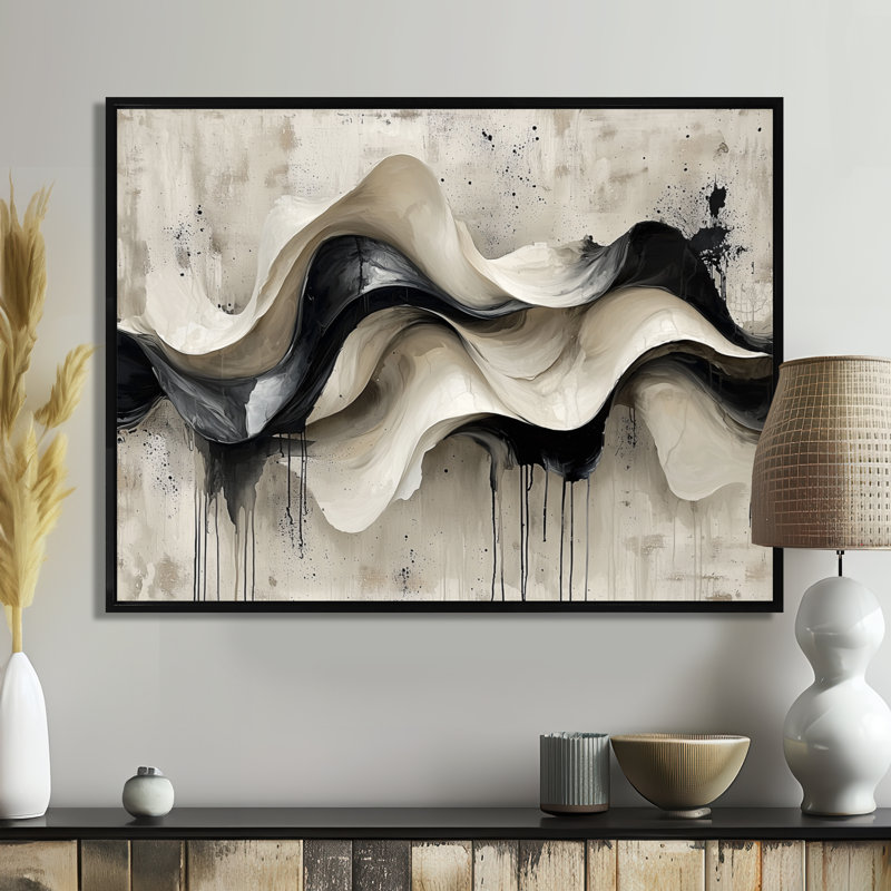 Art mural mural "Vagues modernes abstraites", H 34 po x l 44 po, Noir, Cadre flottant
