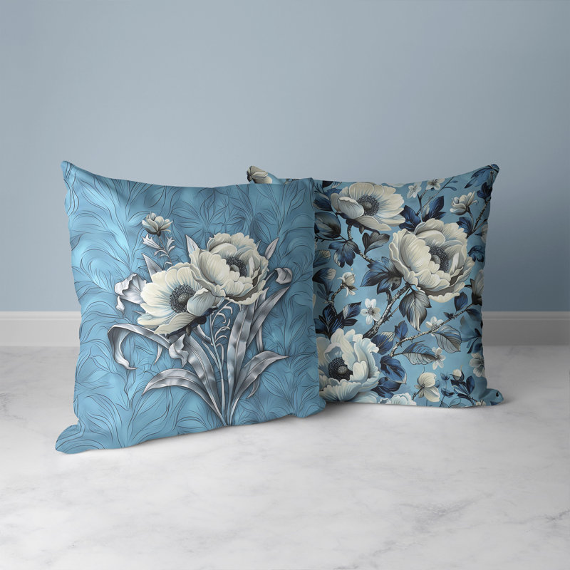 Coussin Peony, Bleu clair / crème, H 16 po x l 16 po