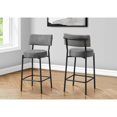 Barstool, Counter Height, Set Of 2, Kitchen, Grey Fabric, Black Metal, Contemporary, Modern