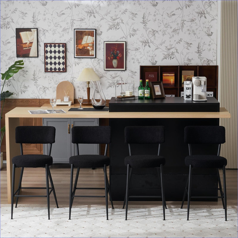 Ensemble de 4 tabourets de bar rembourrés en tissu Teddy, tabourets hauts à base en métal noir pour adultes, îlot de cuisine