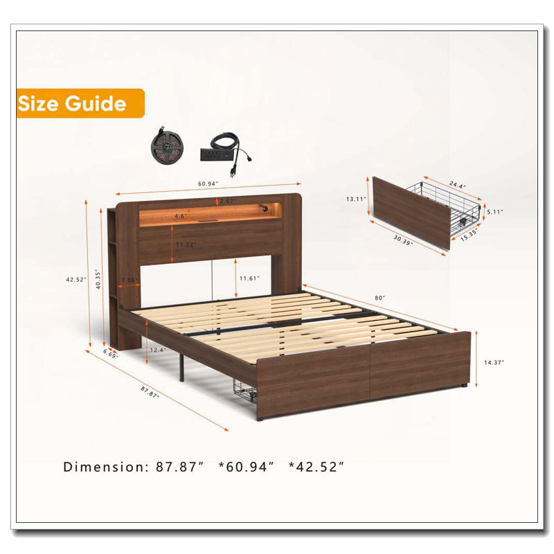 Base de lit en bois avec plateforme pour grand lit et tablette avec bibliothèque et 2 tiroirs de rangement, tête de lit à DEL avec rangement
