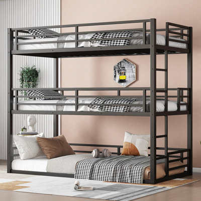 Bunk Bed, Metal Triple Bunk Bed with Safety Guardrails, Heavy-duty Bunk Bed with Noise-reduced Design
