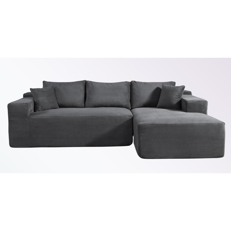 2-Piece Corduroy L-Shaped Sofa with Pillows and right chaise, Right Hand Facing, Dark Gray Corduroy