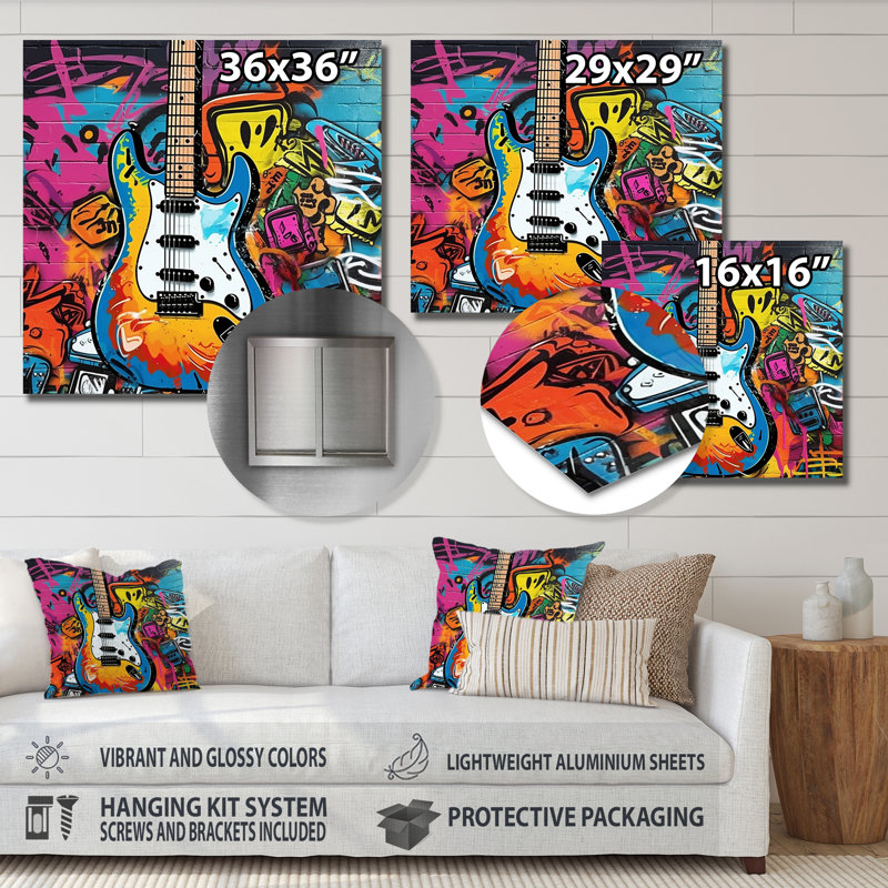 Graffity Guitars Street Art - Décoration murale en métal Graffiti, H 29 po x l 29 po x P 1 po