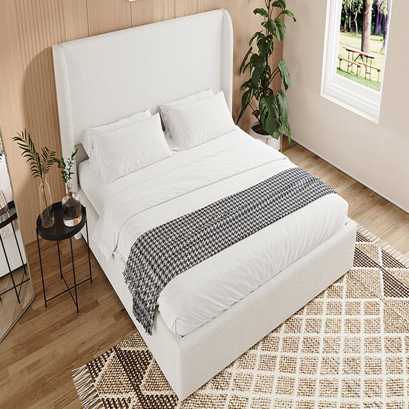 Cadre de lit grand format avec cadre, lit tapissier avec tête de lit en nuage, pieds et lattes en bois massif, aucun sommier tapissier requis, blanc