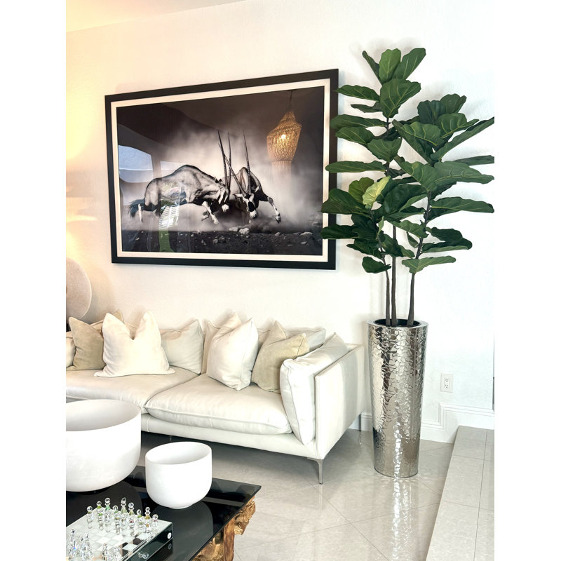 Fiddle Faux Fiddle Leaf Fig Tree in Metal Planter, 96" H x 42" W x 28" D, Silver