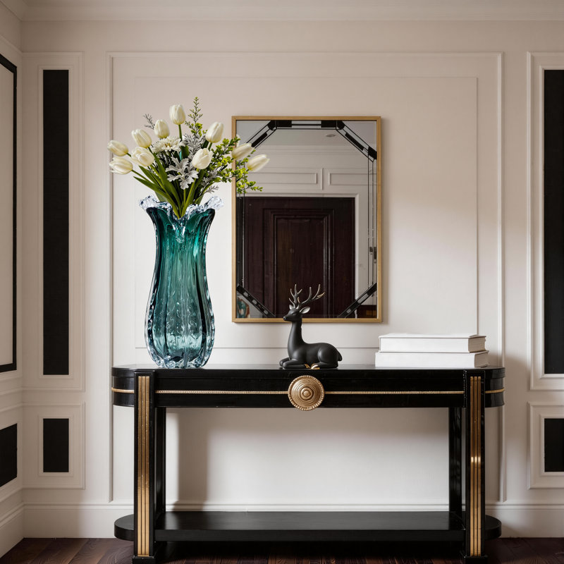 Hand-blown gradient glass vase with ruffled edges, sculptural vase, art glass table vase.
