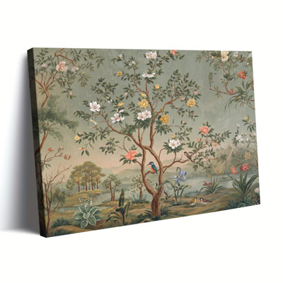 Vintage Chinese Chinoiserie Floral Bird Landscape Canvas Art, Wrapped Canvas, Ready to Hang