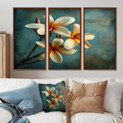 Ensemble de salon art mural blanc Plumeria rétro bleu sarcelle I - Plumeria