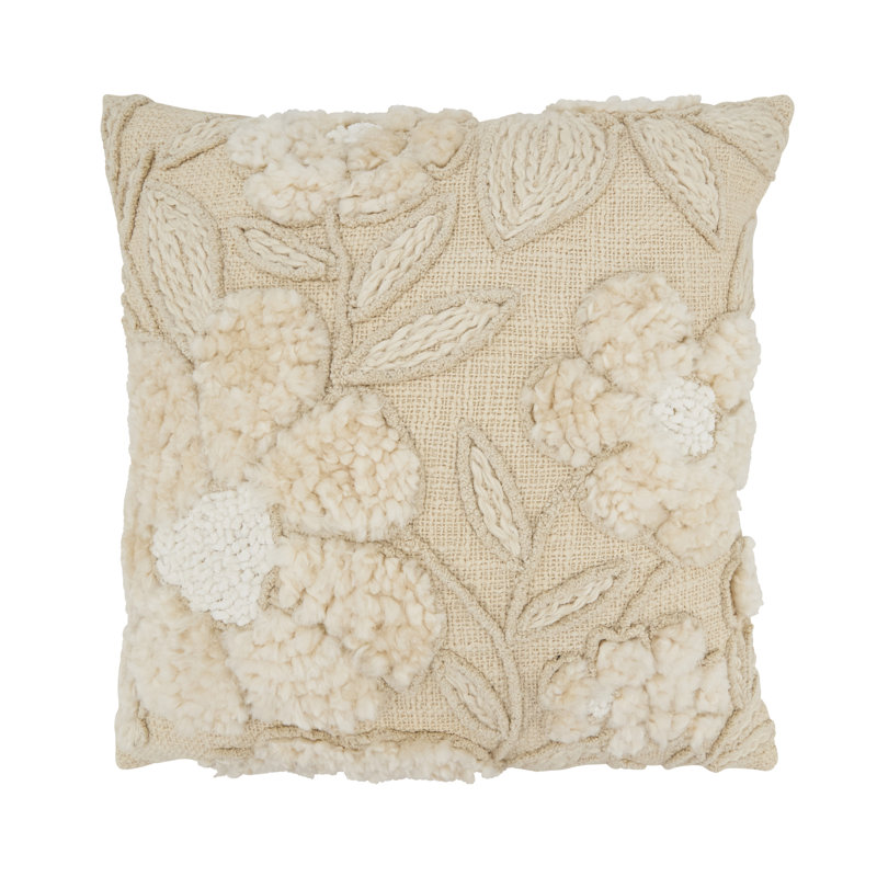 Beige Embroidered Floral Cotton Throw Pillow with Duck Feather Fill