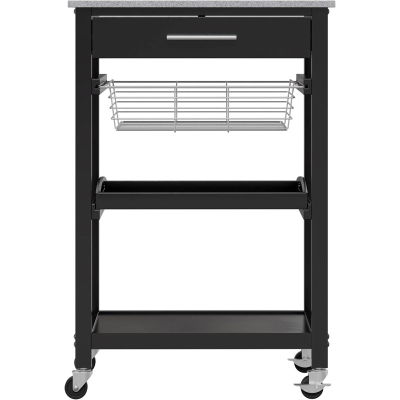 Utility Cart With Granite Top, Foldable Metal Basket, And Removable Tray For Versatile Storage