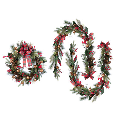 Set Of 3 24"D Christmas Bell, Pinecone & Berry Bow Wreath And Matched 6Ft Garland Set