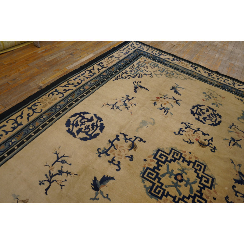 1890s Ivory Beige Cream White Rectangle Hand Knotted Pile Wool Antique Rug