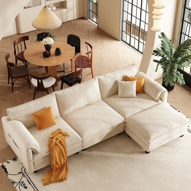 107" L Shaped Modular Sectional Cloud Couch, Beige Chenille