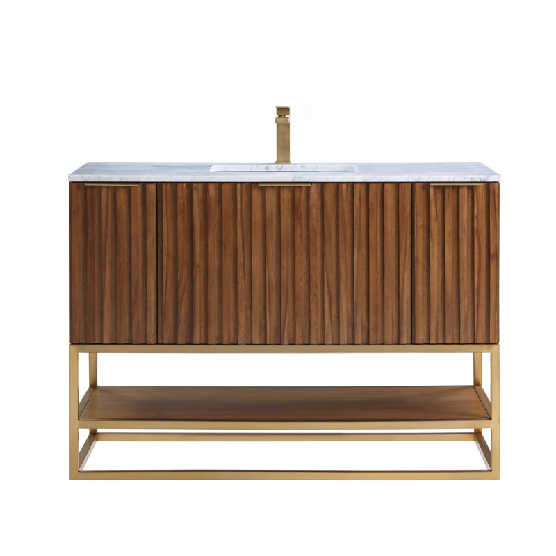 Terra 48'' W Single Vanity, Walnut, Carrara Marble/Single Faucet Mount, Satin Brass
