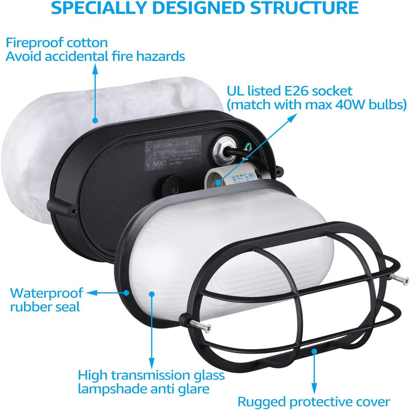 Modern Waterproof Bulkhead Light – E26 Frosted Glass Outdoor/Indoor Ceiling Fixture
