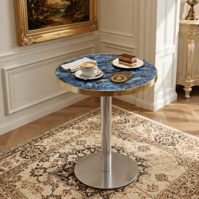 Panneau de fibres à densité moyenne rond de 23,6 po recouvert d'un comptoir de peinture UV, texture marbre, bordure en acier inoxydable, pieds de table en métal, table basse moderne et luxueuse.