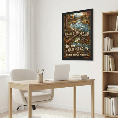 Angler And Hunters Outpost Dreams Of Bass And Big Deer Canvas Wrapped Wall Art Oil Painting Print With Antlers Fishing Rod Bear And River Scene For Cabin Lodge Or Hunting Decor