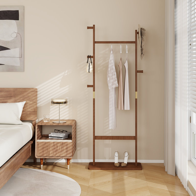 Walnut Solid Wood Freestanding Coat Rack with Shelves and Hooks