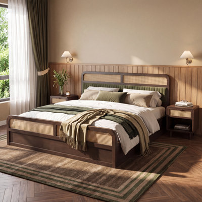 Tavin Mid-Century Modern Wood Platform Bed with Rattan & Upholstered Headboard, Rounded Frame for Moody Bedrooms