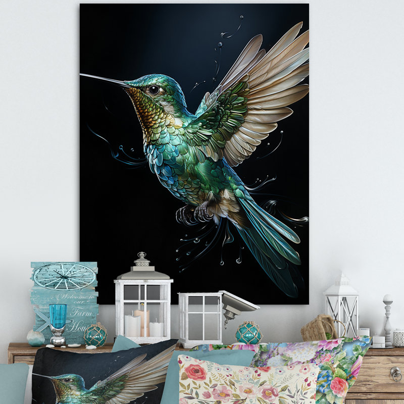 Woodleigh Teal Black Hummingbird Aérien Grace - Art mural colibri, H 32 po x l 24 po x P 1 po, Toile tendue