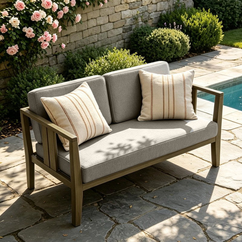Junco Solid Wood Teak Outdoor Loveseat With Cushion And Arms, Light Camel, Brown