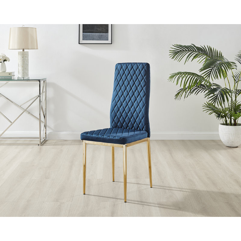 Keensburg Luxury Velvet Modern Tall Back Dining Chairs with Metal Legs & Diamond Stitching, Gold, Navy, 4