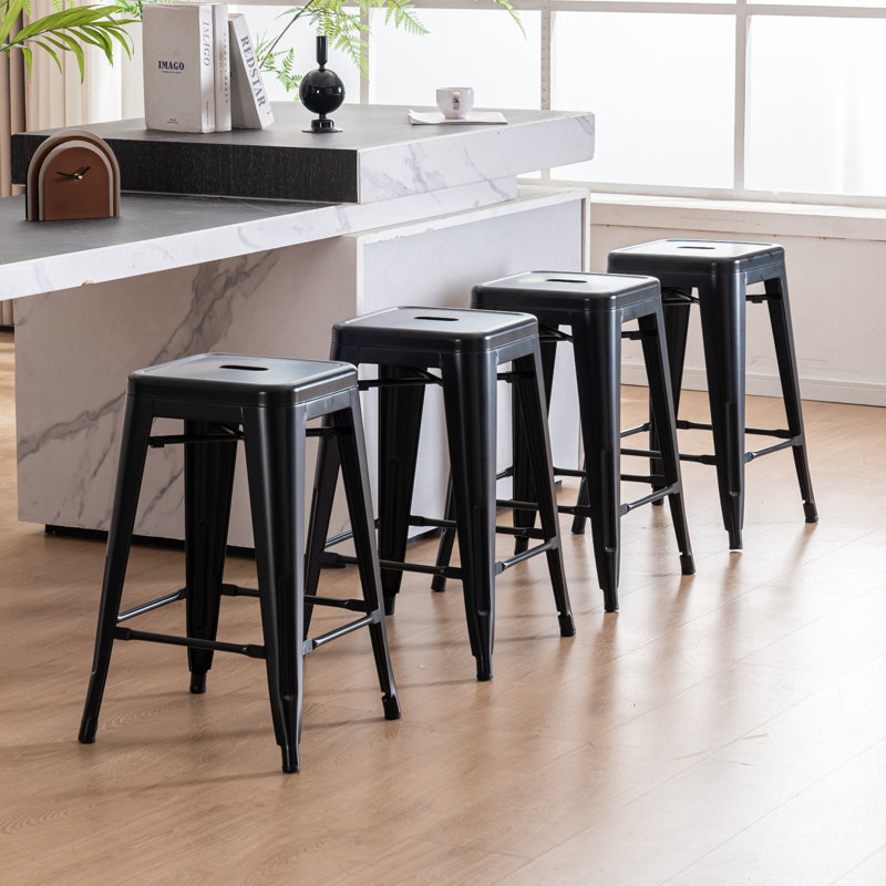 24''H Modern Counter Stool with Metal Frame, Backless Stackable Bar Stool, Matte Black