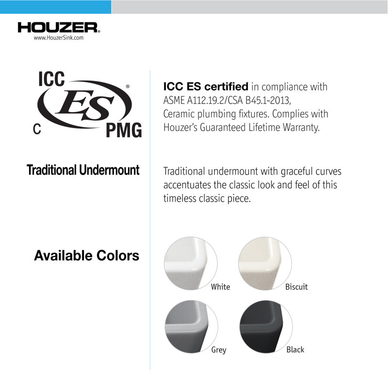 Houzer 26 in White Fireclay Undermount Single Bowl Kitchen Sink w/ Strainer, Grid - PTU-2800 WH-C