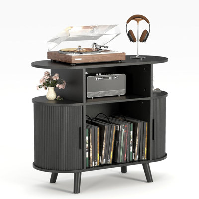Support pour tourne-disque 35 po Mid-Century avec tablettes de rangement et station de charge