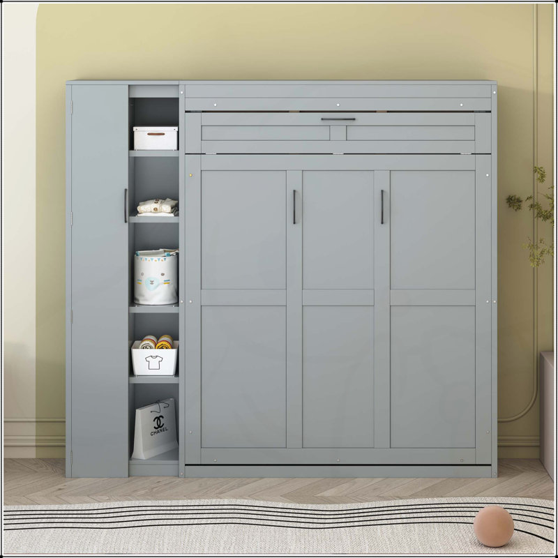 Lit escamotable double pleine grandeur avec tablettes, gris