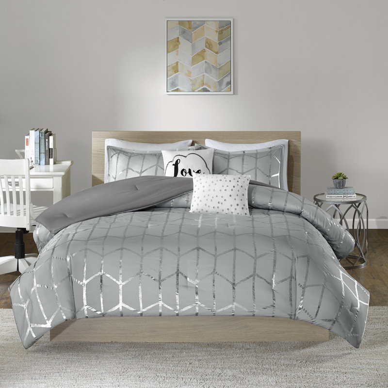 Raina Microfiber Comforter Set, Gray/Silver, Full/Queen Comforter + 2 Shams + 2 Throw Pillows